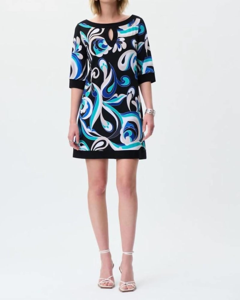 Front of a model wearing a size 10 Tunic Dress In Black/Multi in Black/Multi by Joseph Ribkoff. | dia_product_style_image_id:341873